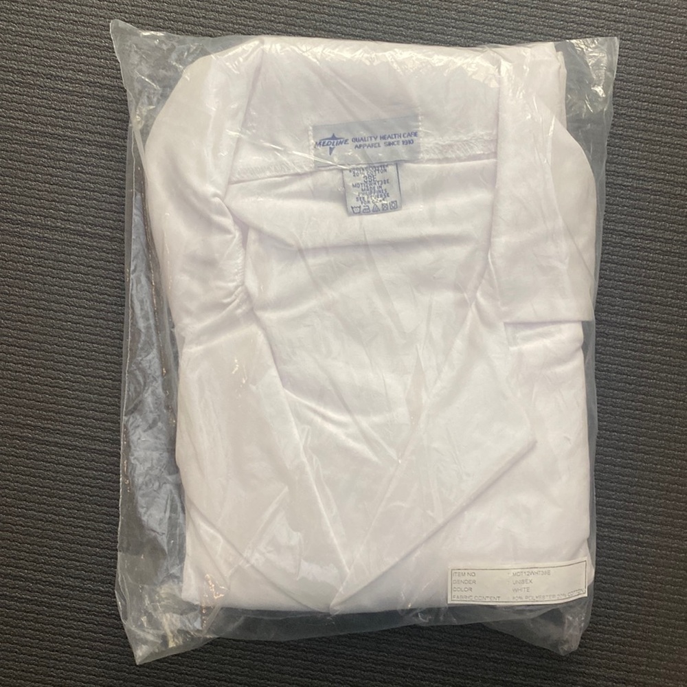 Doctor/Practitioner traditional white lab coat. Factory sealed. Size 38E. Unisex